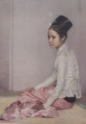 An original retro print of an oriental girl - Sans Ohn Ayun - within the original frame.