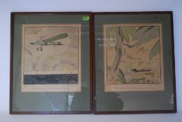 A pair of hand-coloured lithographs published by The Wright Aeronautical Corporation in 1928.