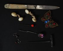 Collection of items to include a hallmarked silver blade mother of pearl handle fruit knife,