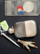 A sterling silver propelling pencil together with a white metal hip flask,