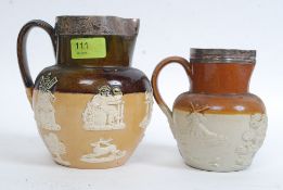 A 19th century Doulton Lambeth stoneware silver collar jug with hunting scenes together with