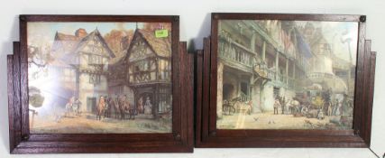 A good pair of 1930's Art Deco oak large wall picture frames in the Odeon style having inset prints