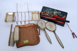 A good mixed lot to include a vintage laquered glove box, two hand painted fans,