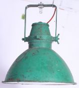 A vintage mid 20th century Industrial green metal yard pendant lamp light with fixing bracket atop.