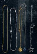 A collection of silver and gilded silver contemporary necklaces to include pendants etc.