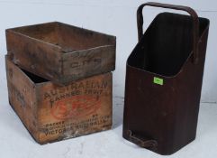 Two advertising trugs along with a vintage stick stand / scuttle.