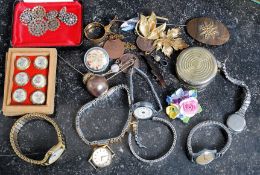 A collection of costume jewellery to include silver brooch, enamel set brooch, Victorian hat pin,