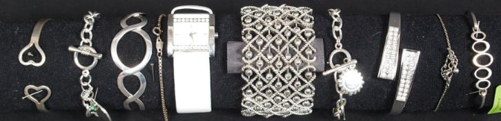 A collection of 10x silver and white metal ( 925 ) and other jewellery - bangles,