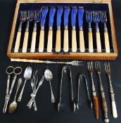 A collection of assorted flatware to include a silver collared cased fish knife & fork set,
