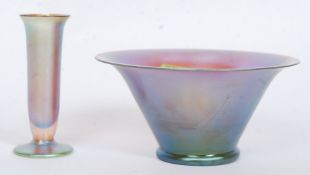 A beautiful Loetz style irridescent glass bowl of fluted form together with a matching single stem