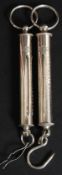 A good cased  silver plated set of Salter newton hanging balance fisherman weighing scales.