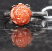 A silver vintage ladies coral flower head ring having silvered flower leaf mount