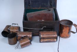 A box of assorted items to include a vintage copper topped ' Slippers ' box and assorted other