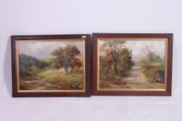 A pair of oak framed oil on boards of Ev