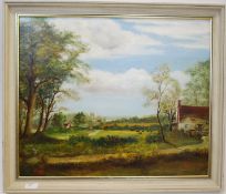 An oil on board of a cottage with a Chur