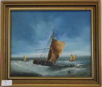 A Framed Oil on board of a ' ship in sto