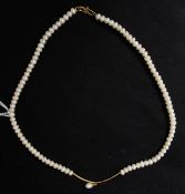 A 22ct gold pearl necklace with bar and pearl drop pendant. Total weight 20.