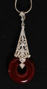 A silver and hard stone ladies art deco style pendant on necklace. Total weight 10.