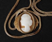 A 9ct gold snake link square chain necklace complete with a cameo portrait pendant. Total weight 4.
