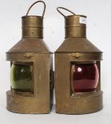 A pair of vintage early 20th century ' Port ' & ' Starboard ' notated brass and glass ships lantern