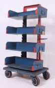 An original 20th century Industrial blue and red Tote trolley tray stand.