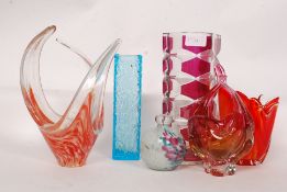 A collection of studio art glass to include a Mdina dump glass vase, Murano glass,