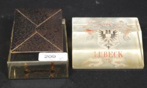 A German glass block paperweight enamelled with coat of arms for Lubeck, Germany.