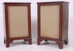 An excellent pair of 1970's mahogany cased freestanding hi-fi speakers having fabric and trellis
