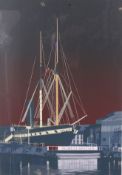 After Rob Moore 82. A framed and glazed stone lithgraph abstract print of the SS Great Britain.