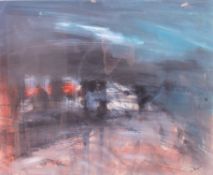A framed and glazed abstract acrylic on board, signed to corner with illegible mark.