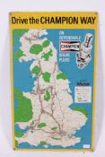 A vintage 20th century enamel painted metal advertising sign for Champion Spark Plugs showing map