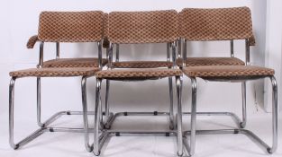 A set of 6 1970's retro tubular chrome cantilever dining chairs having original velour upholstered