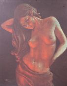 A retro mid century white framed picture of a naked / topless / nude maiden / lady.