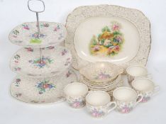 A vintage Staffordshire crinoline lady part tea service together with a chintz pattern similar