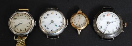 Three continental  ladies silver wrist watches along with another yellow metal wrist watch
