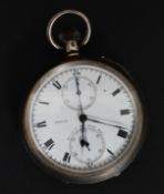 An Edwardian 1909 silver hallmarked Sewill chronograph pocket watch.