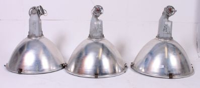 A set of three vintage / retro 20th century aluminium factory Industrial pendant lights with