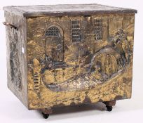 A vintage copper reposse log bin or coal bin having Gondola scenes to the front.
