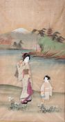 A late 19th / early 20th century antique Japanese silk work framed picture - depicting a tradition