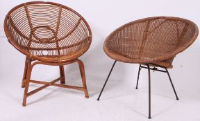 A vintage 1970's whicker bedroom armchair together with another similar example.