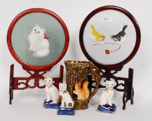 2 Chinese wooden table top discretion screens with silk panels of cats along with cat ceramic