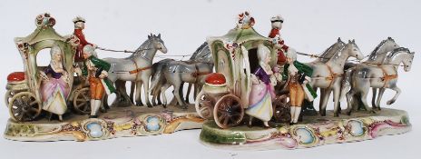 A pair of continental ceramic horse and carriage bookend figurine dioramas having blue crown