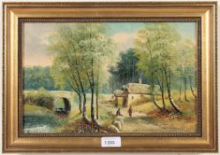 George Harris (1847-1915) An oil on panel painting possibly Halfpenny bridge, River Frome,