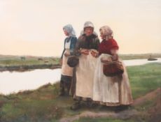 J Catois ( 1800 - )  ' Beside The Canal ' A large imposing oil on canvas painting of women beside a