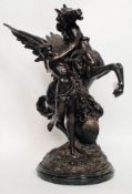 A vintage faux bronze large figurine of Perseus and Pegasus with the head of Medusa.