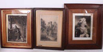 A group of three vintage oak framed and glazed etchings of various images please see images