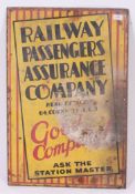 A vintage mid 20th century enamel industrial advertising sign ' Railway Passengers Assurance