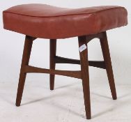 A 1950's Danish teak wood dressing table stool with vinyl upholstered tops.