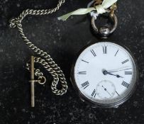 A silver hallmarked pocket watch having roman numerals to the enamel face