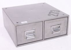 A vintage Industrial mid 20th century table top polished metal stationary twin drawers filing
